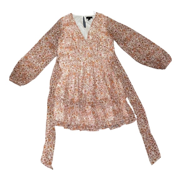 Japna Floral Long Sleeve Sheer Ruffle Layered Mini Dress with Waist Tie Size L - Picture 6 of 7